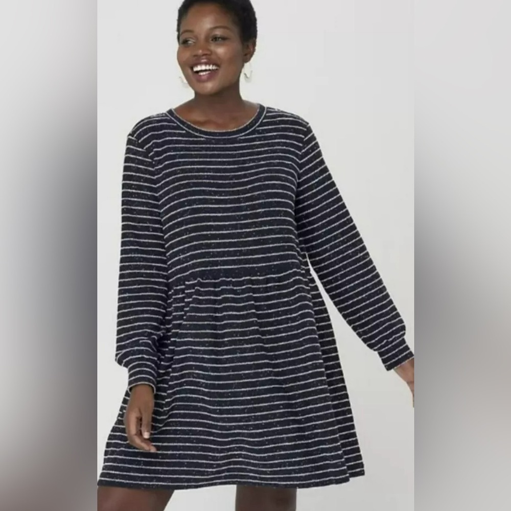 Loft Navy Blue Long Sleeve Striped Button Back Swing Dress Size Small